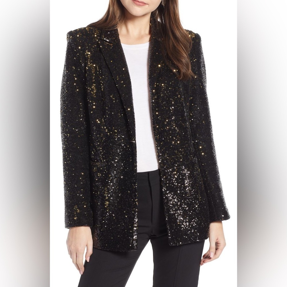 Something Navy Sequin Blazer Black Gold Fitted Small